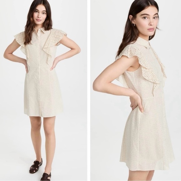 THEORY Nova Eyelet Ruffle Sleeve Button Down Mini Dress Shirtdress Size 4 NEW - Picture 2 of 10